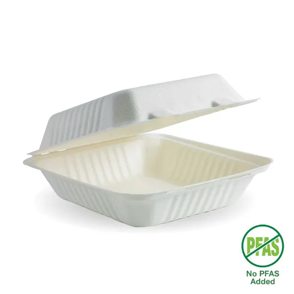 B-DHL-81-PF Biopak 20x22x9cm / 7.8x8x3" White Plant Fibre Clamshell