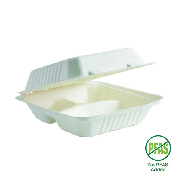 B-DHL-83-PF Biopak 20x22x8cm / 7.8x8x3" 3-Compartment White Plant Fibre Clamshell