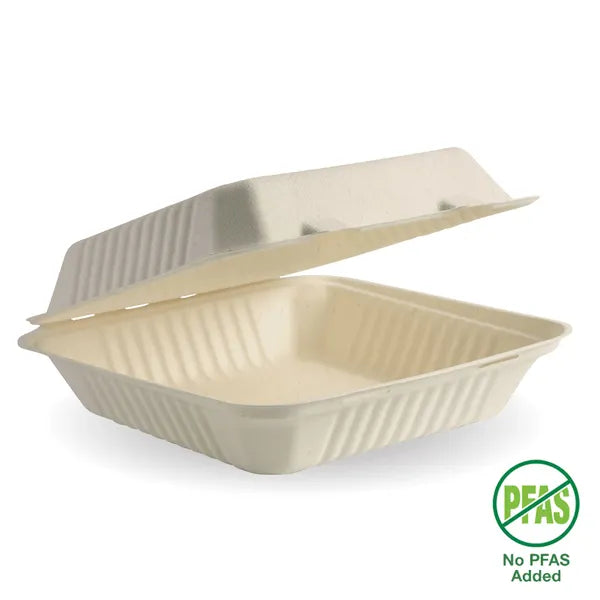 B-HL-91-N-PF Biopak 23x23x8cm / 9x9x3" Natural Plant Fibre Clamshell