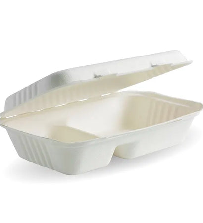 B-HL-96-2 Biopak 23x15x8cm / 9x6x3in 2-Compartment White Plant Fibre Clamshell