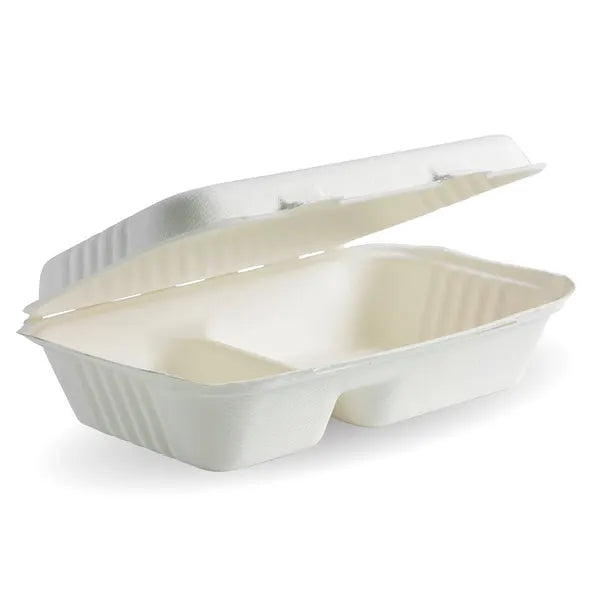 B-HL-96-2 Biopak 23x15x8cm / 9x6x3in 2-Compartment White Plant Fibre Clamshell