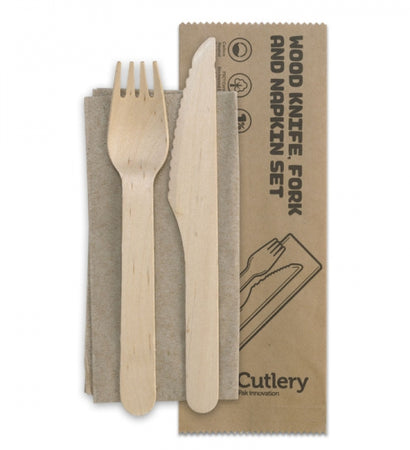 HY-16KFN Biopak Wood Knife, Fork & Napkin Set - 16cm
