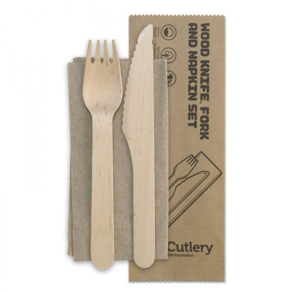 Biopak Wood Knife, Fork & Napkin Set - 16cm